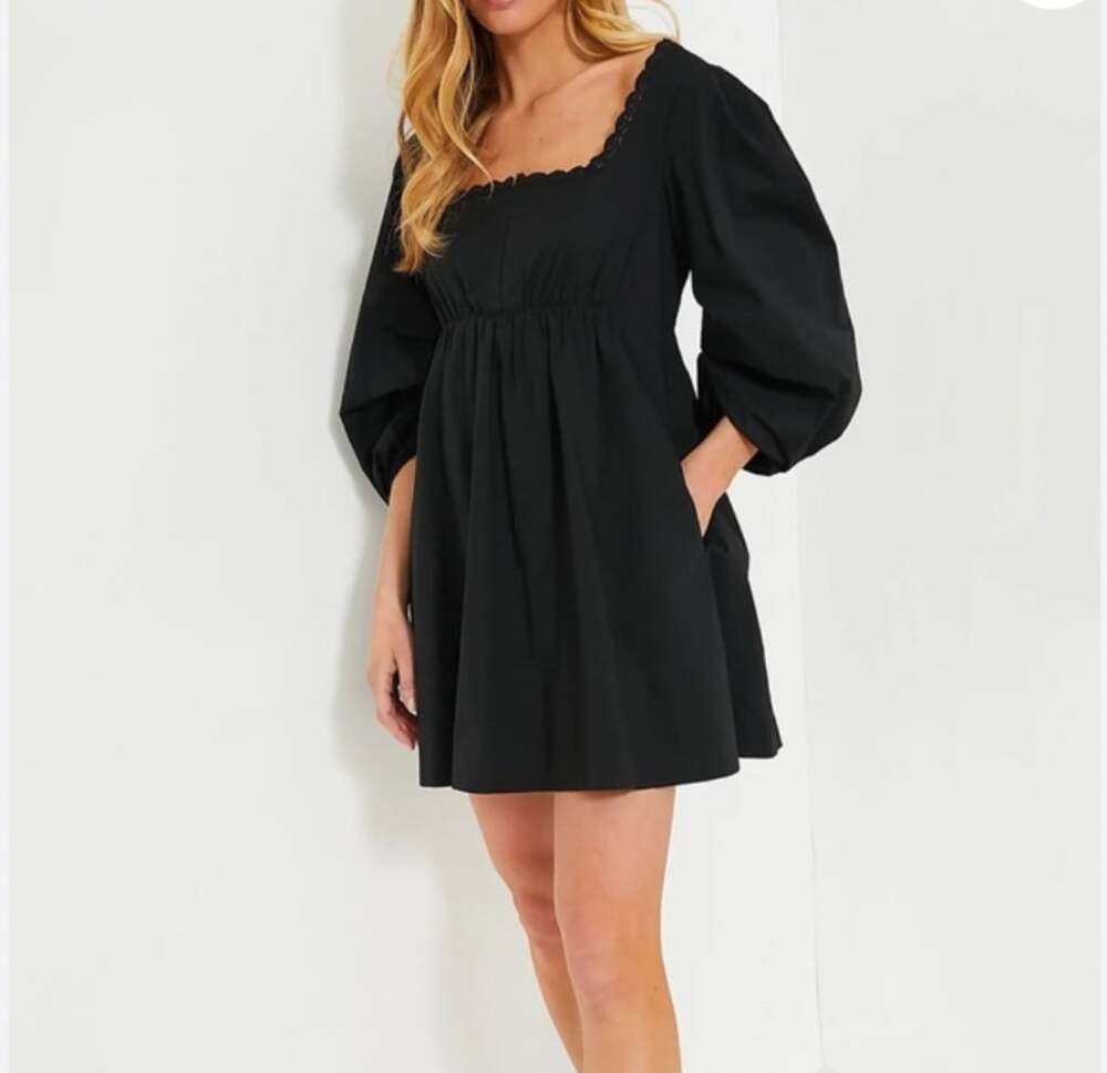 Pomander Place Jenny Dress Womens Small Black Puff Sleeve Square Neck Short